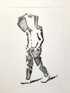 L'homme qui marche, personnage signature de l'artiste orL. Gravure eau-forte // Auxerre