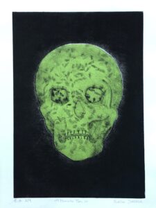 "Memento Mori" a été réalisé à l'aide des cheveux de l'artiste grâce à l'utilisation de vernis moues. Cette gravure est également une épreuve d'artiste collagraphié.