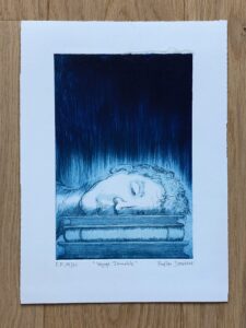 Cette série de gravures "Voyage immobile" est la toute première ou l'on voit apparaitre un dormeur dans l'oeuvre d'orL.